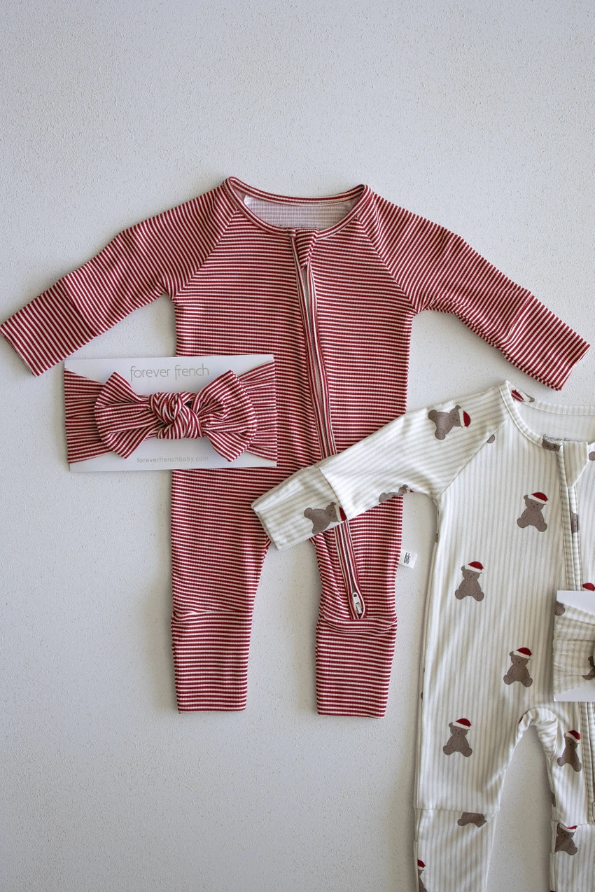 Forever French Bamboo Zip Pajamas | Peppermint Stripe Ribbed