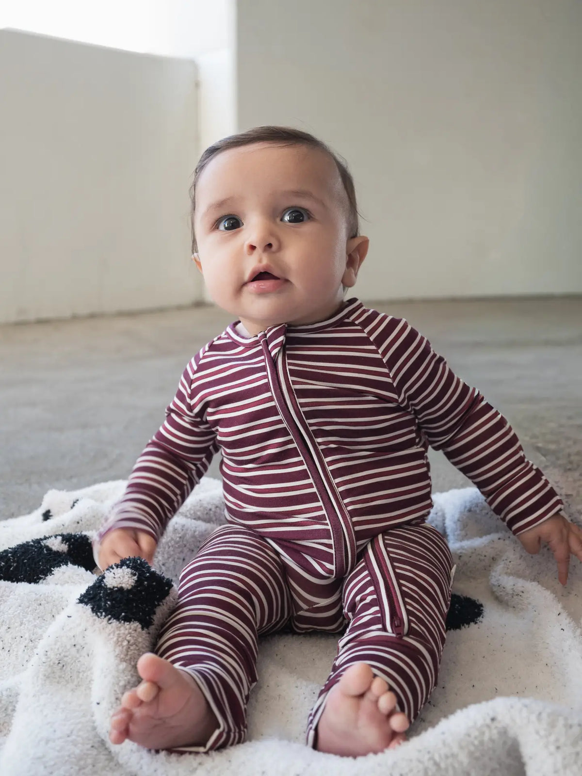 Forever French Bamboo Zip Pajamas | Maroon Stripe