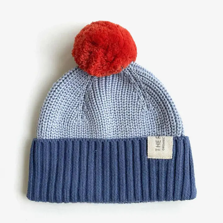 The Rest Organic Cotton Chunky Colour Block Beanie - Navy Sky Tomato
