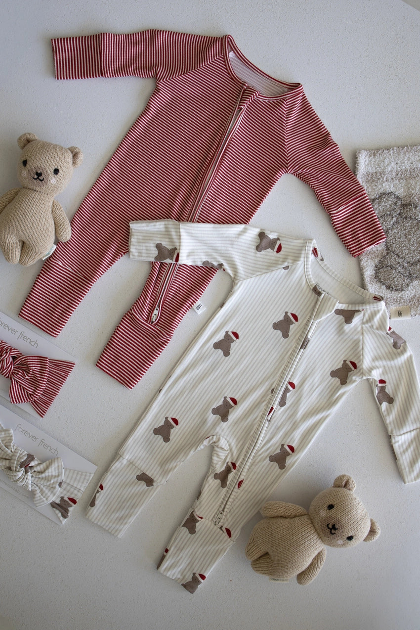 Forever French Bamboo Zip Pajamas | Peppermint Stripe Ribbed